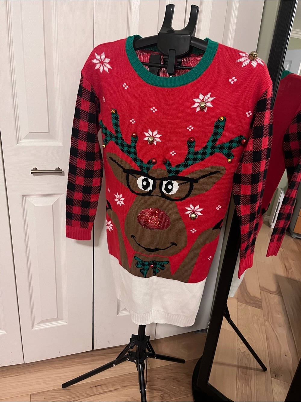 Allison Brittney Red Reindeer Crewneck Sweater with Black Buffalo-Check Sleeves